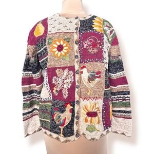 Y2K Tiara International Patchwork Cardigan Sweater Rooster Floral Sunflower Fall